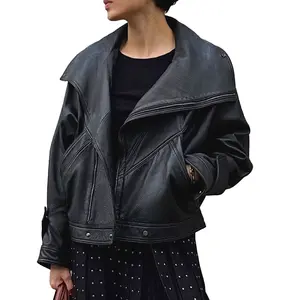 Jancoco Vegetable Tanned Crop Leather Coat Women Genuine Lambskin Motorcycle Leather Jacket