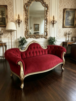 Canapé inclinable double en velours rouge bordeaux de style français, luxe léger, chaise longue royale européenne en bois massif sculpté pour salon