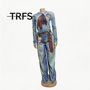 Nouvel Arrivage Été 2026 – Ensemble Tendance Décontracté Femme : T-shirt Asymétrique à Manches Longues en Polyester Imprimé Maille Élastique et Jean - Product Image 4