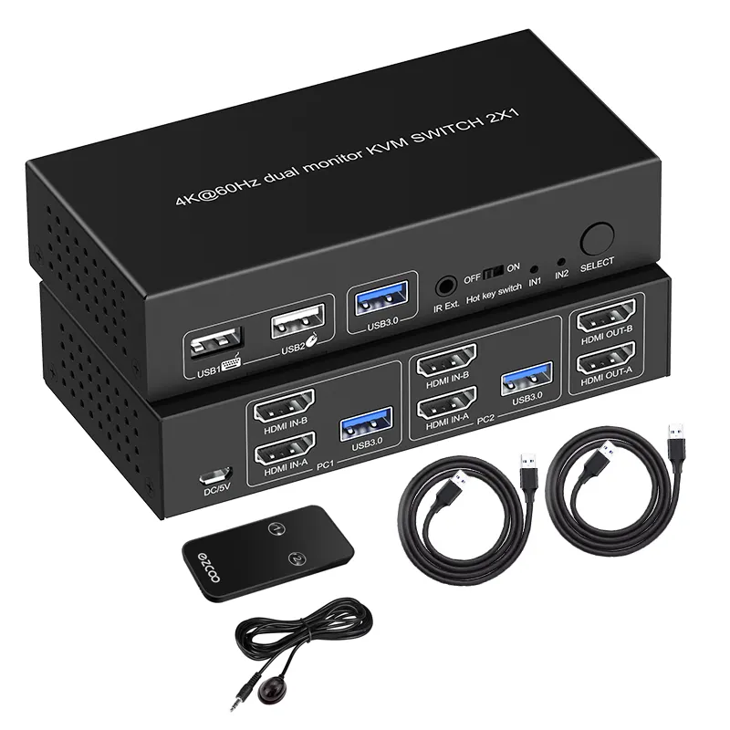 4K @ 60Hz 2-Port-KVM-Switch HD-MI 2.0 DUAL MONITOR KVM-SCHALTER 2x1 HDR & D-Olby Vision USB 3.0