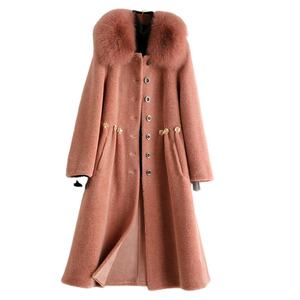 A50066 Pudi للنساء معطف من الفرو والصوف الحقيقي سترة خندق مع ياقة فرو الثعلب الشتاء دافئ للإناث الأغنام القص فوق حجم معاطف باركار - Product Image 1