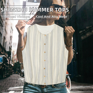 Blusa sin mangas a rayas para mujer, cuello redondo, botones al frente, top informal, primavera-verano, corte holgado, 100% algodón popelín tejido - Product Image 2