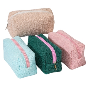 Pochette de maquillage en polaire corail pour femme, couleur unie, portable, avec fermeture éclair, pour kit de rasage de <span class=keywords><strong>voyage</strong></span>, trousse de toilette, sac de rangement en velours - Product Image 2