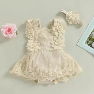 2023 Verão Menina Recém-nascida Roupas Sem Mangas Flor Bordado Lace Bodysuit Headband 2 Peças Macacão Doce Do Bebê