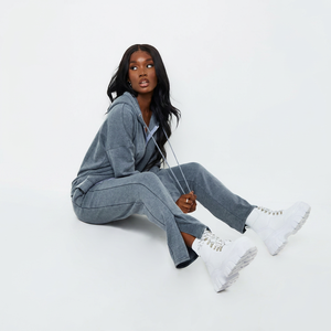 He She Wears Women Gray Hooded 2 1 Polyester/Cotton Fleece <b>Tracksuit</b> Set Full Sleeve Solid Color Casual Joggers Drawstring Side - Product Image 1