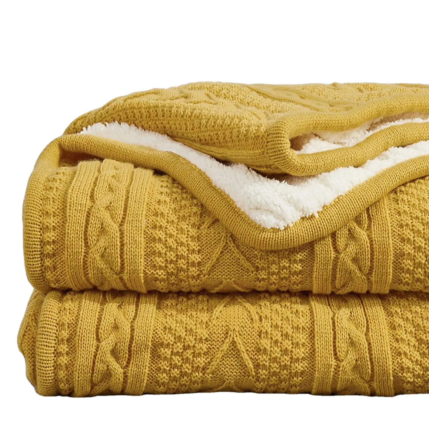 bedding Mustard Yellow 50 x 63 Inches Acrylic Cable Knit Sherpa Throw Blanket - Thick, Soft, Big, Cozy Yellow Knitted Fleece Bla