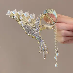 Korean ins style high quality flower hair claw clip female 11cm large bell orchid flower pearl tassel pendant shark clip