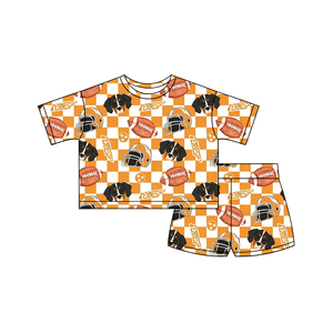 Preventa al por mayor: Conjuntos de verano para niñas con estampado de equipos de fútbol, color naranja, de algodón orgánico suave, precio de fábrica, novedad para niños. Pedido mínimo 5 unidades. - Product Image 3
