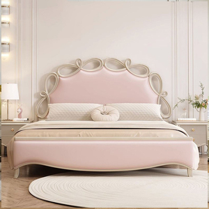 Cama Doble <span class=keywords><strong>de</strong></span> Madera Maciza <span class=keywords><strong>de</strong></span> Lujo Ligero, Estilo Princesa, con Lazo Rosa <span class=keywords><strong>de</strong></span> 1.8 m, en Color Crema Francés, con Cuero Genuino, para Segunda Cama Suave - Product Image 2