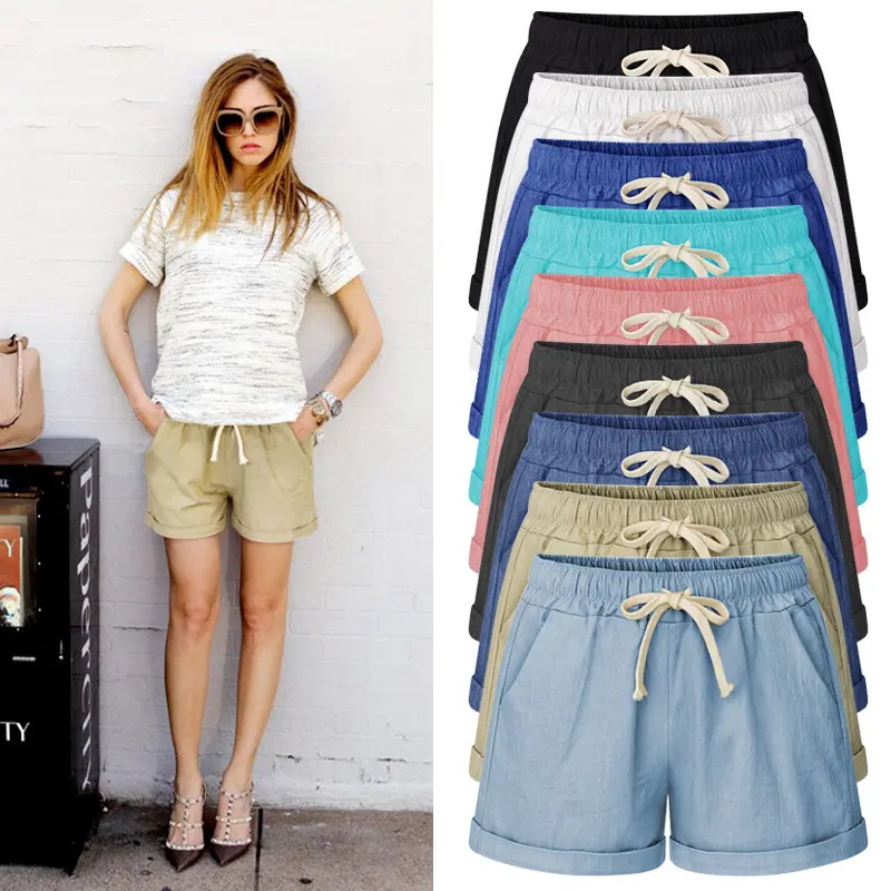 Femmes grande taille cordon taille élastique coton lin décontracté Shorts de plage avec poches bermuda jeans feminina pantaloncini