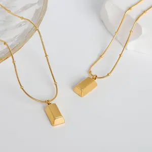 Trendy Jewelry Stainless Steel 18k Gold Small Gold Square Brick Chocolate Gold Bar Nugget Pendant Necklace