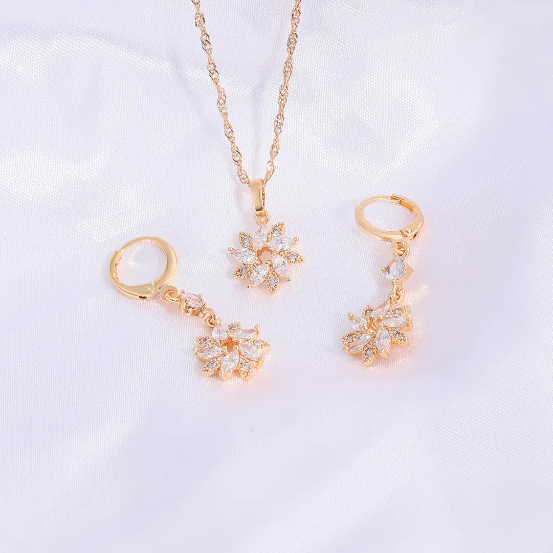 wholesale dainty charm chain gold plated cubic zirconia necklace pendant copper alloy joyeria jewelry aretes set