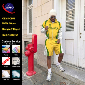 QZFSO Custom Manufacturer Blank Cut and <b>Sew</b> Loose Fit Sports Tracksuit Men Vintage Polyester Zip Up Jacket and Shorts <b>Set</b> - Product Image 1