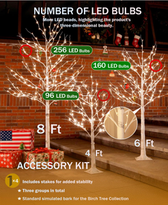 Juego de Árboles de <span class=keywords><strong>Abedul</strong></span> Iluminados de 4 pies, 6 pies y 8 pies con Luces LED Blancas Cálidas de 96/160/256 LED para Decoración Navideña de Exterior, Diseño Realista, Regulable - Product Image 3