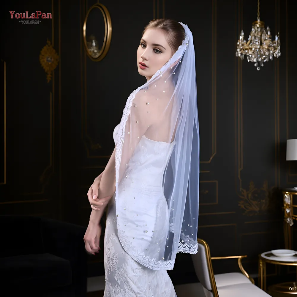 YouLaPan V168 R narin dantel inci peçe orta uzunlukta beyaz yumuşak tül düğün dekoratif gelin peçe