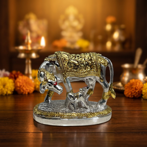 Statue de veau en métal artisanale Nirmala, finition or et argent, design bohème traditionnel, décoration d'intérieur, décoration de table, haute qualité - Product Image 3