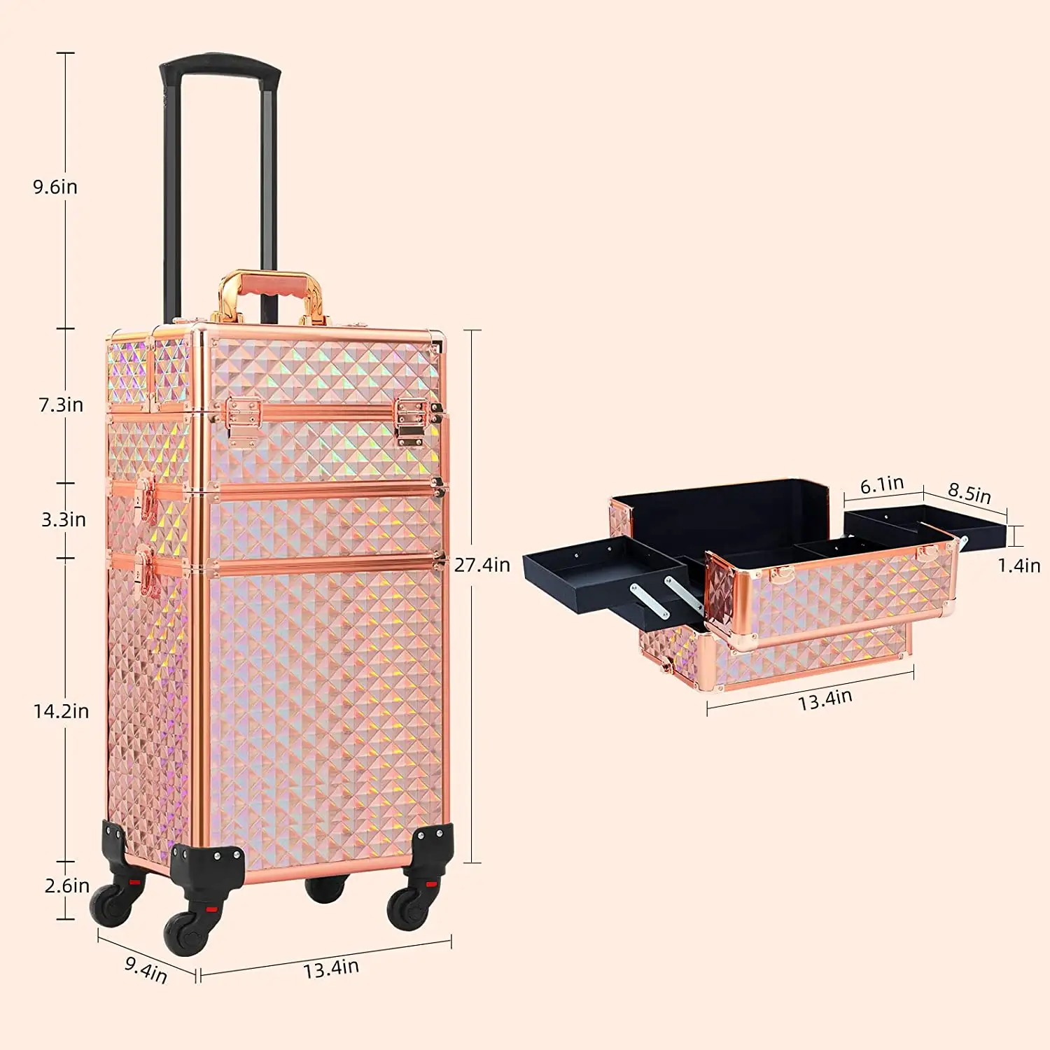 Custom 3 In 1 Draagbare Reizende Aluminium Professionele Make-Up Trolley Kar Met Meerdere Compartimenten Cosmetische Tassen