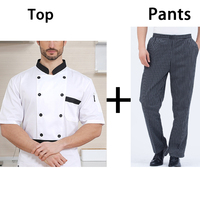 Ensemble uniforme de chef 2 pièces avec logo personnalisé, veste à double boutonnage à manches courtes et pantalon rayé pour restaurant