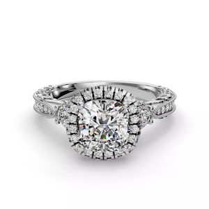 Anillo de compromiso de oro blanco de 14K con diamante cultivado en laboratorio de corte cojín, detalles intrincados de filigrana, piedra lateral y elegante halo, joyería IGI - Product Image 1