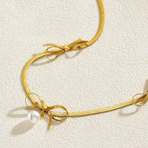 Collar con lazo de estilo europeo americano con colgante de perla y cadena de serpiente para mujer, joyería de aleación de zinc para uso diario y fiestas - Product Image 4