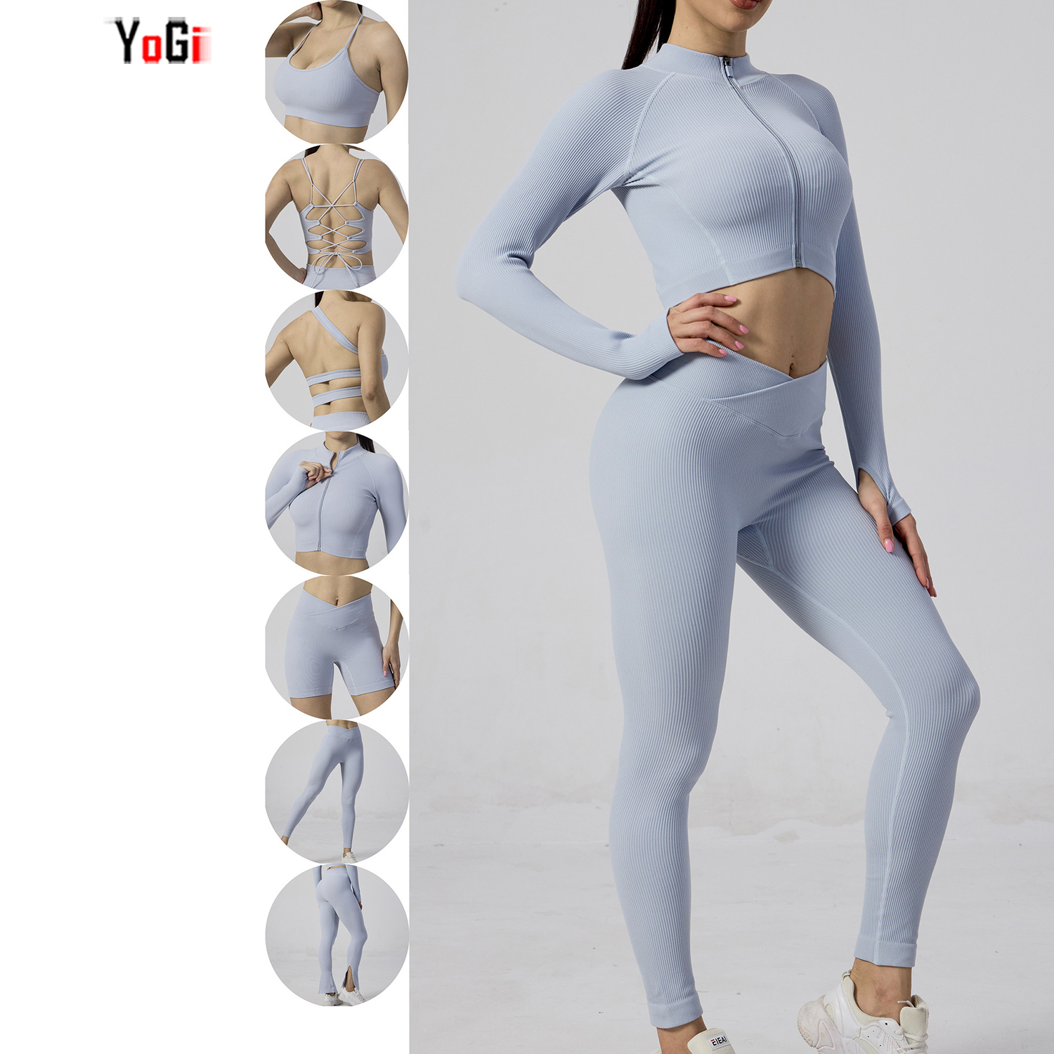 Women's 7-Piece Seamless Workout Sportswear Beauty Back V Waist Shorts Crop Top Bra Flared Pants Yoga Suit Breathable Waterproof