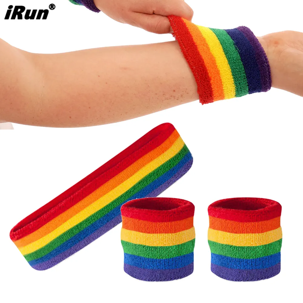 Irun Custom Geborduurd Logo Regenboog Gay Pride Katoenen Polsbandjes, Badstof Katoenen Zweetbandjes Voor Sportspellen