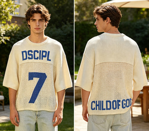 <span class=keywords><strong>Pull</strong></span> en <span class=keywords><strong>maille</strong></span> jacquard 100 % coton à manches courtes, personnalisé avec logo et lettres, pour le football, tricoté au crochet, <span class=keywords><strong>maille</strong></span> filet, conception OEM ODM - Product Image 1