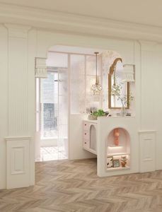 Meuble-lavabo simple de style shabby chic français, élégant et romantique, avec miroir à bord doré, série rose - Product Image 3