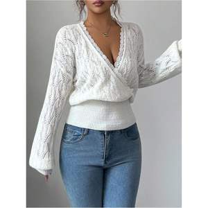 Soly Hux Pull en dentelle à col en V pour femme, manches longues, tricot crocheté, pull décontracté, hauts pour l'automne - Product Image 4