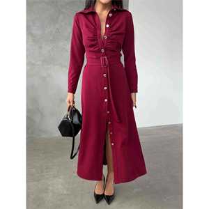 Robe chemise Edge pour femme, manches longues, boutonnée sur le devant, longueur midi, avec ceinture et fente, taille S - Product Image 4