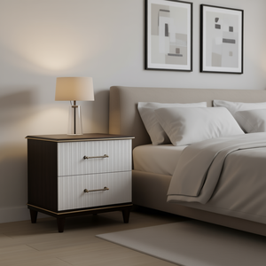 Comodino contemporaneo con 2 cassetti, finitura bianca e ciliegio, finiture bicolore oro, mobili moderni per camera da letto - Product Image 2