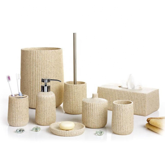 Fabrieksprijs Beige Kleur Decoratieve Zandsteen Badproducten Met Zeepbakje Polyresin Badkamer Asscories Set