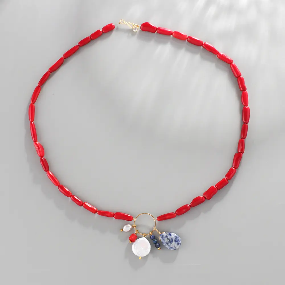 Dainty Kalung Choker Manik-manik Karang Merah, Kalung Karang Alami dengan Jimat Batu Alam Mutiara