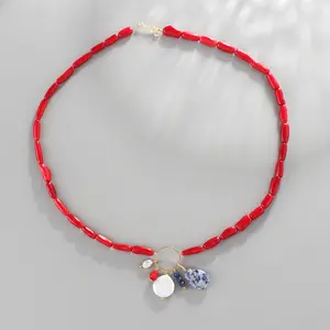 Dainty Red Coral Beaded Choker Natural Coral Necklace with Pearl Nature Stone Charms