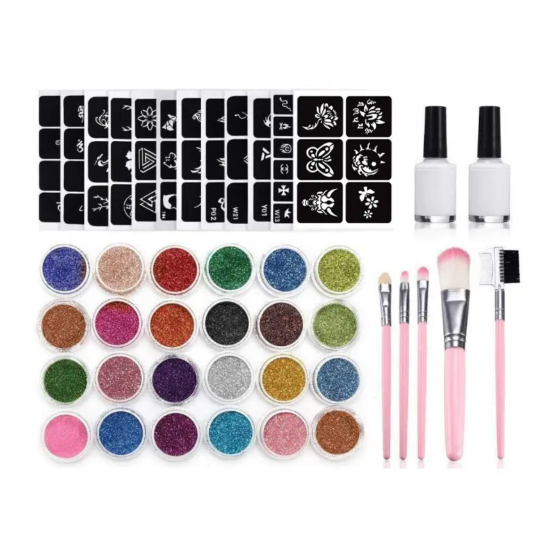 Face Glitter Makeup Set für Kinder Body Hair Weihnachts geschenk mit Tattoo-Vorlagen Pinsel Quick Dry Glitter