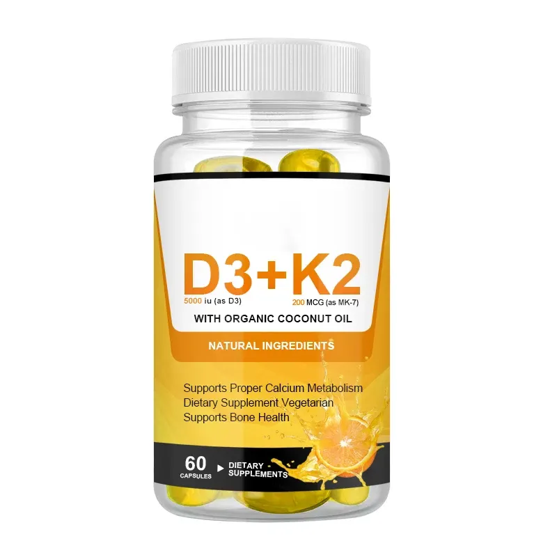 OEM 60 adet güçlü kemik vitamini D3 Vitamin K2 yumuşak jel kapsüller 5000 IU hizmet başına doğal maddeler