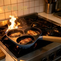 Poêle à œufs en fonte émaillée rouge 3 tasses avec poignée en bois, poêle à petit-déjeuner pour œufs, steaks et hamburgers