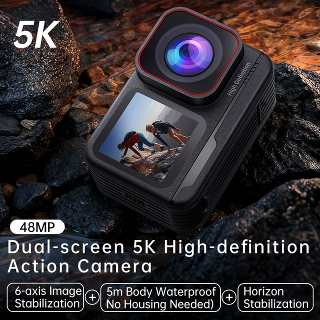 Dual Screen Action Camera 5M Body Waterproof 6-Axis Stabilization 130° Wide Angle 20s Pre-Recording Outdoor Sports Vlog Camera