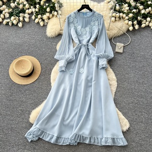 Abiti Lunghi da Sera Primaverili per Donna, Vestito Maxi con Colletto Arricciato e Perline, Plissettato - Product Image 2