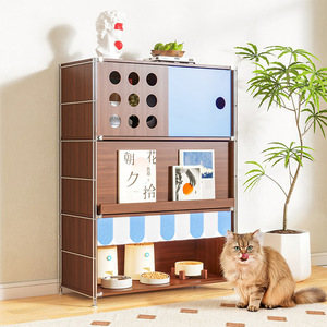 Mobilier multifonctionnel pour chat : meuble de rangement à 3 niveaux avec lit, toilettes et espace de vie pour chats de taille moyenne, idéal pour bureau, chambre et salon. - Product Image 2