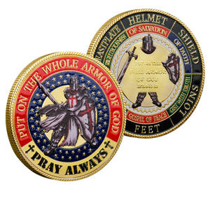 Moneta Commemorativa 3D in Metallo a Tema Armatura Divina, Oro e Argento, Motivo Cavaliere, Versetto Biblico Efeziensi PRAY - Product Image 1
