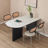 Table à manger ovale noire de style moderne du milieu du siècle avec structure en métal et plateau en ardoise, ensemble de chaises pour salon, 4 places