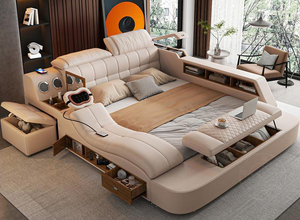 Cama Inteligente Moderna com Estofamento em Couro e Armazenamento, Cama Multifuncional de Luxo com Massagem, Tamanho King - Product Image 3