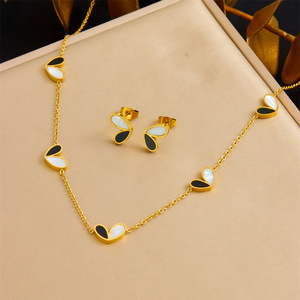 Heart Shape Black White Two Tone Stainless Steel Necklace Earring <b>Bracelet</b> <b>Set</b> Women's Fashion Jewelry Party Accessory - Product Image 2