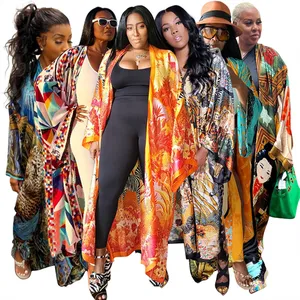 Channel Free Size Open Front Extra Long Cover Up For Women Summer Printed Long Sleeve Satin Silky Robe Kimono Maxi Cardigan
