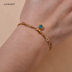 สร้อยข้อมือห่วงคู่ประดับพลอยประจำเดือนเกิด |   สร้อยข้อมือสแตนเลสสตีลชุบทอง 18K PVD แบบหลายชั้นประดับด้วยจี้เพชร CZ |   กันน้ำ ทนทาน - Product Image 3
