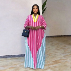 Nouvelle Robe Kaftan Longue Décontractée d'Été 2026 Rayée Rose et Bleue à Col en V Grande Taille, Robe Maxi Ample Africaine pour Femme, <span class=keywords><strong>Boubou</strong></span> Sénégalais - Product Image 4