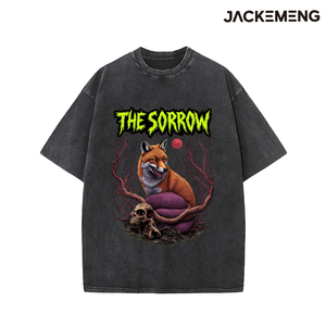 Camiseta Oversize <span class=keywords><strong>de</strong></span> Algodón Lavado con Estampado <span class=keywords><strong>de</strong></span> Calavera <span class=keywords><strong>de</strong></span> Zorro <span class=keywords><strong>de</strong></span> Terror y Luna Roja, Estilo Retro Urbano, Informal Diaria, Almacén <span class=keywords><strong>de</strong></span> EE. UU. - Product Image 4