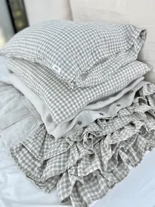 100% Linen Duvet Cover Set 3 Piece Vintage Ruffled Soft <strong>Plaid</strong> Fabric High End French Linen <strong>Bedding</strong> Hand Woven - Product Image 4