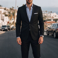 Costume homme noir uni à revers cranté, veste et pantalon ajustés, 2 pièces, pour occasions formelles et affaires